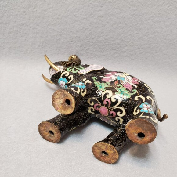 Vintage Cloisonne Elephant Figurine, Enamel, Upraised Trunk Up, Good Luck Statue - Picture 6 of 8